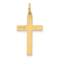 A brushed gold cross pendant with a small stamped hallmark on the horizontal arm, suspended from a gold loop bail.