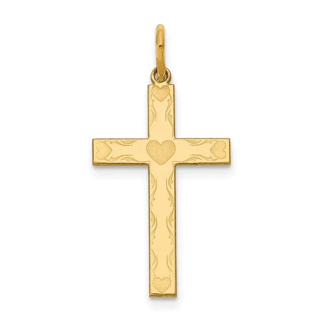 A gold cross pendant with decorative vine-like engravings and a small heart symbol at the center, shown against a white background.