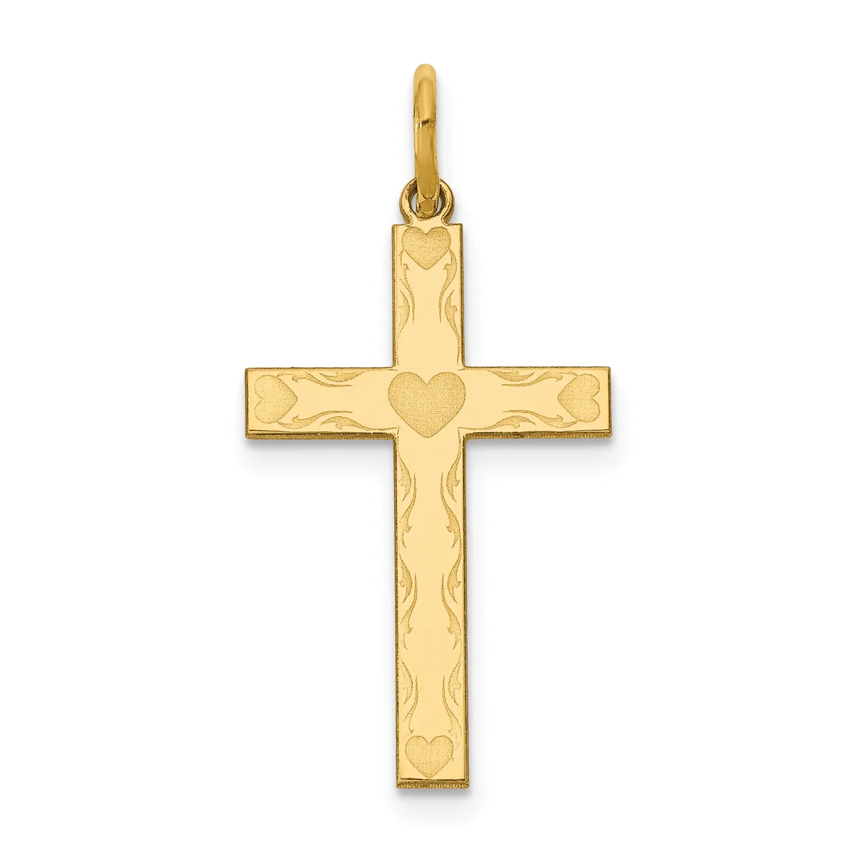 A gold cross pendant with decorative vine-like engravings and a small heart symbol at the center, shown against a white background.