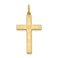 A gold cross pendant with decorative vine-like engravings and a small heart symbol at the center, shown against a white background.