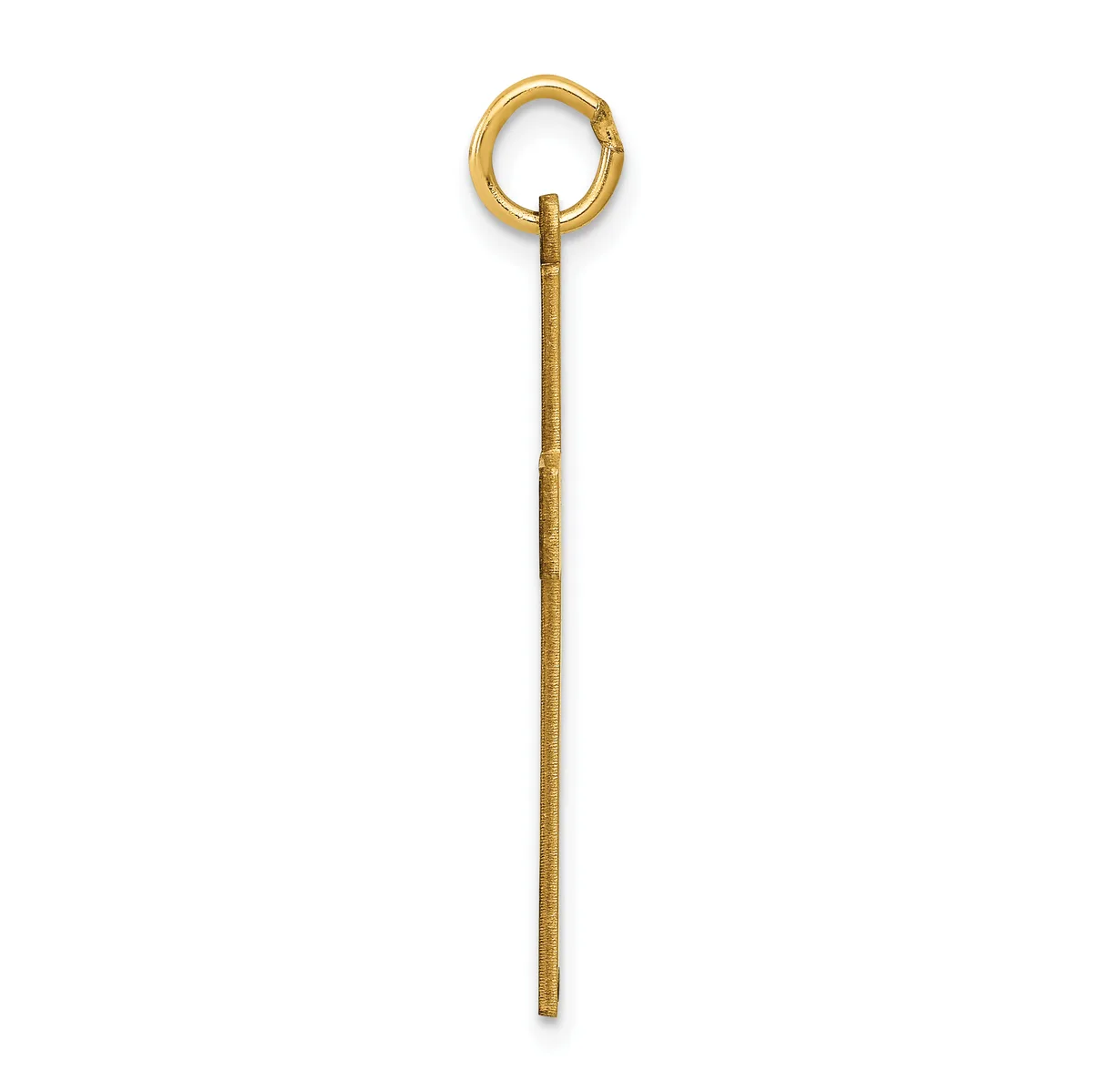 A long thin gold pendant with a small circular loop at the top and textured surface along its length, shown hanging against a white background.