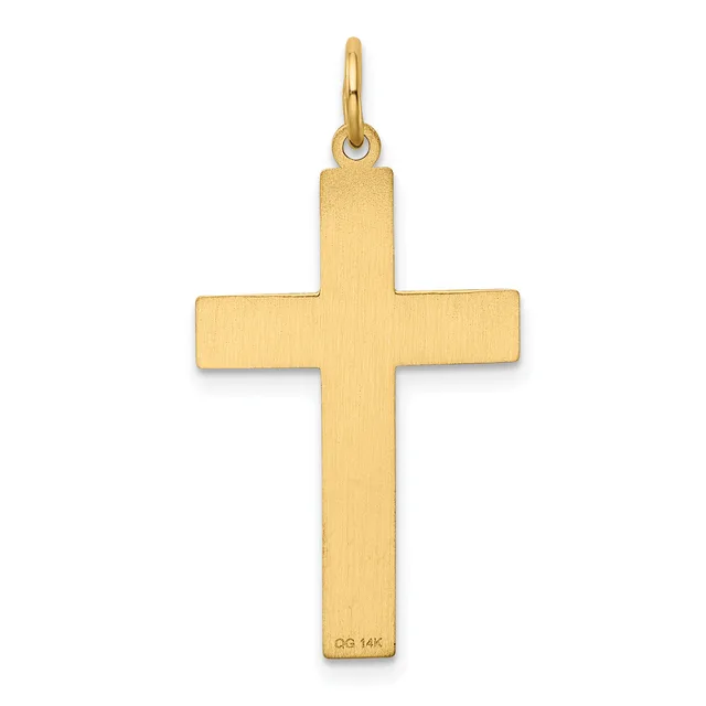A polished gold cross pendant with a rectangular shape and rounded ends, suspended from a small loop at the top.