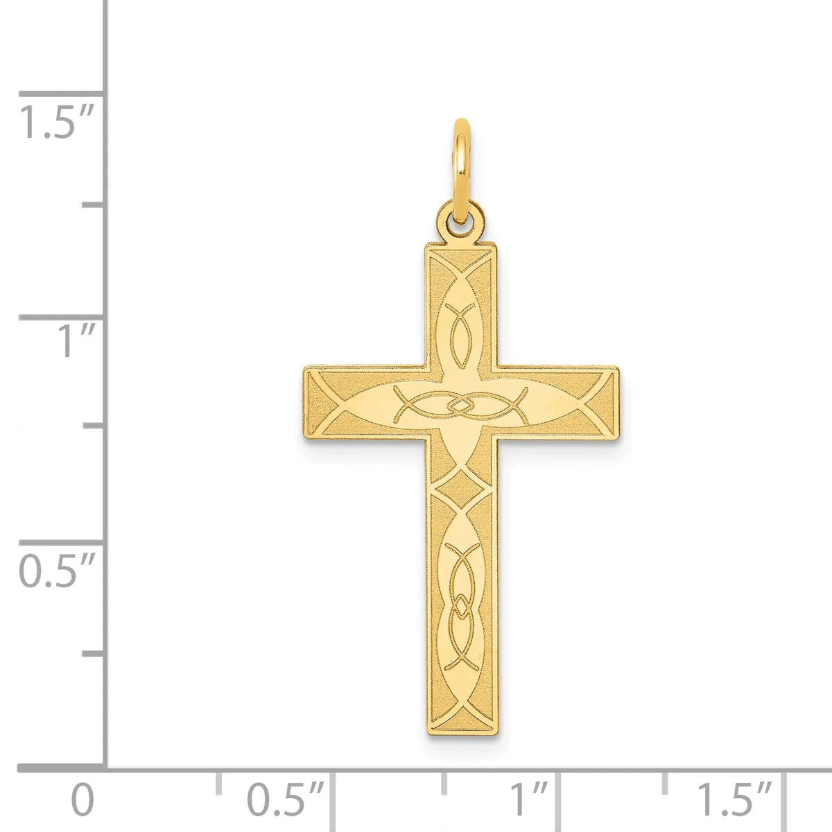Gold cross pendant with interlocking Celtic knot designs displayed next to a measurement ruler showing approximately one inch width.