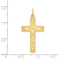 Gold cross pendant with interlocking Celtic knot designs displayed next to a measurement ruler showing approximately one inch width.