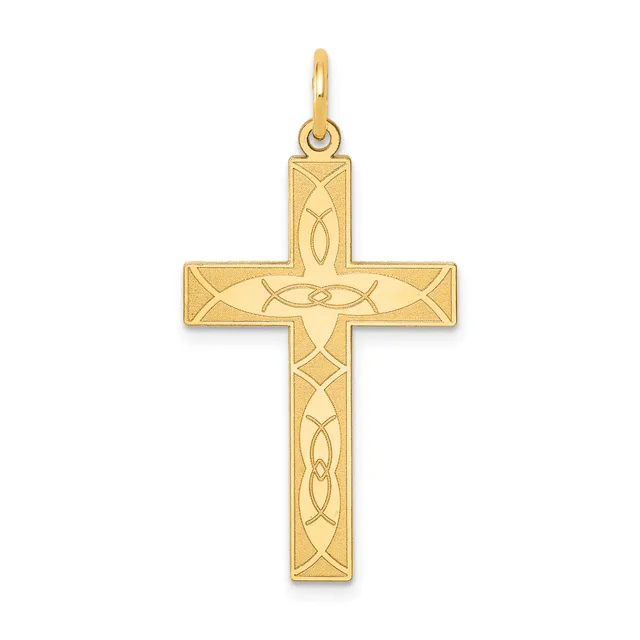 A gold cross pendant with interlocking Celtic knot designs etched throughout the arms and vertical shaft, shown suspended from a small loop.