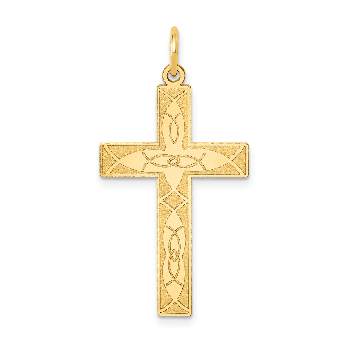 A gold cross pendant with interlocking Celtic knot designs etched throughout the arms and vertical shaft, shown suspended from a small loop.