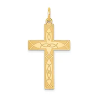 A gold cross pendant with interlocking Celtic knot designs etched throughout the arms and vertical shaft, shown suspended from a small loop.