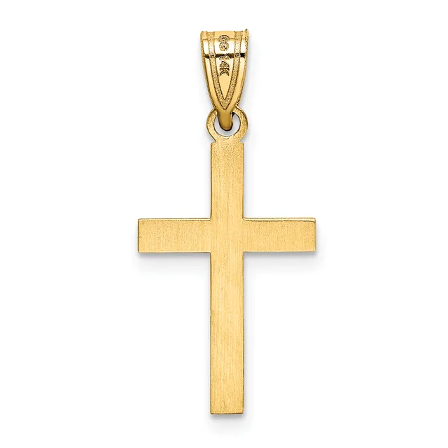 A plain gold cross pendant with a brushed finish and a small stamped hallmark, suspended from a gold bail.