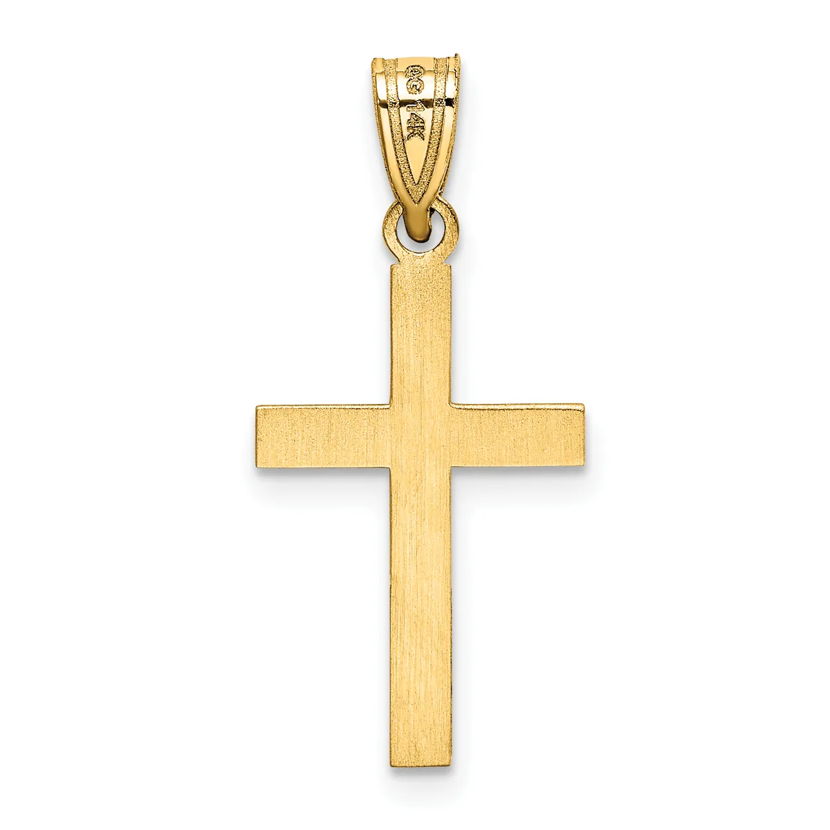 A plain gold cross pendant with a brushed finish and a small stamped hallmark, suspended from a gold bail.