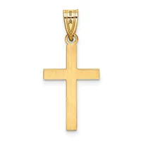 A plain gold cross pendant with a brushed finish and a small stamped hallmark, suspended from a gold bail.