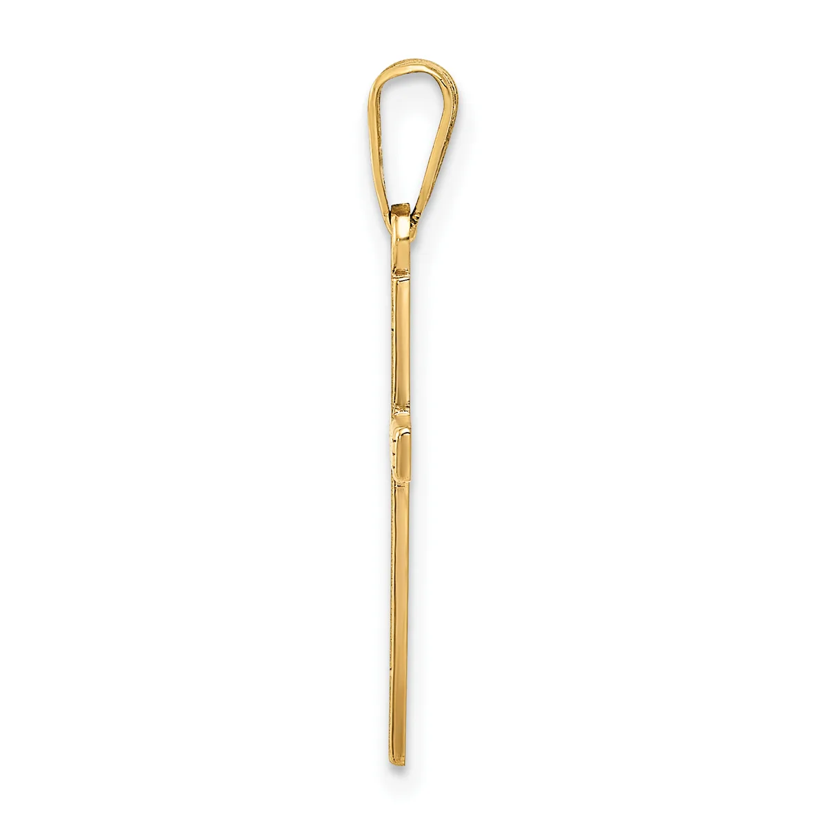 A long, slender gold-toned metal pendant with a carabiner-style clasp at the top and a smooth cylindrical shaft.
