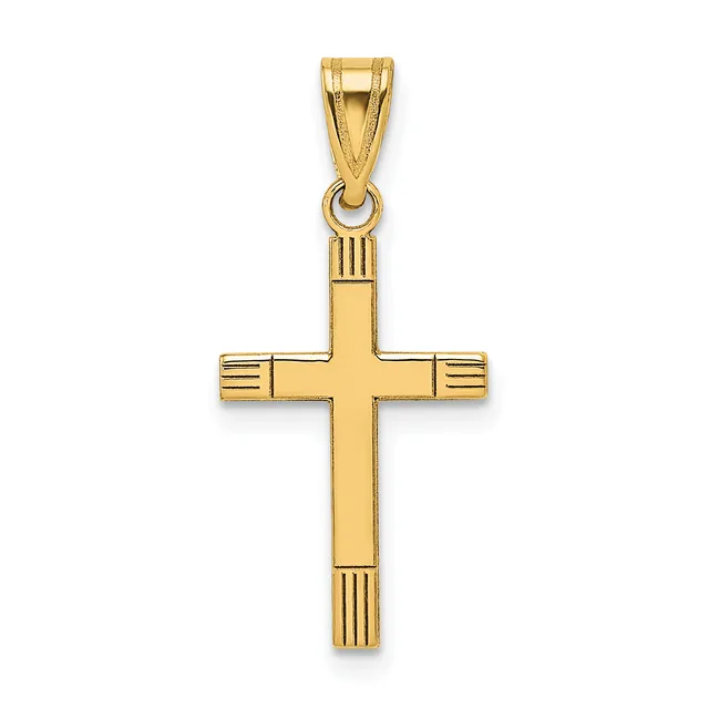 A polished gold cross pendant with textured edges and a small loop at the top for hanging.