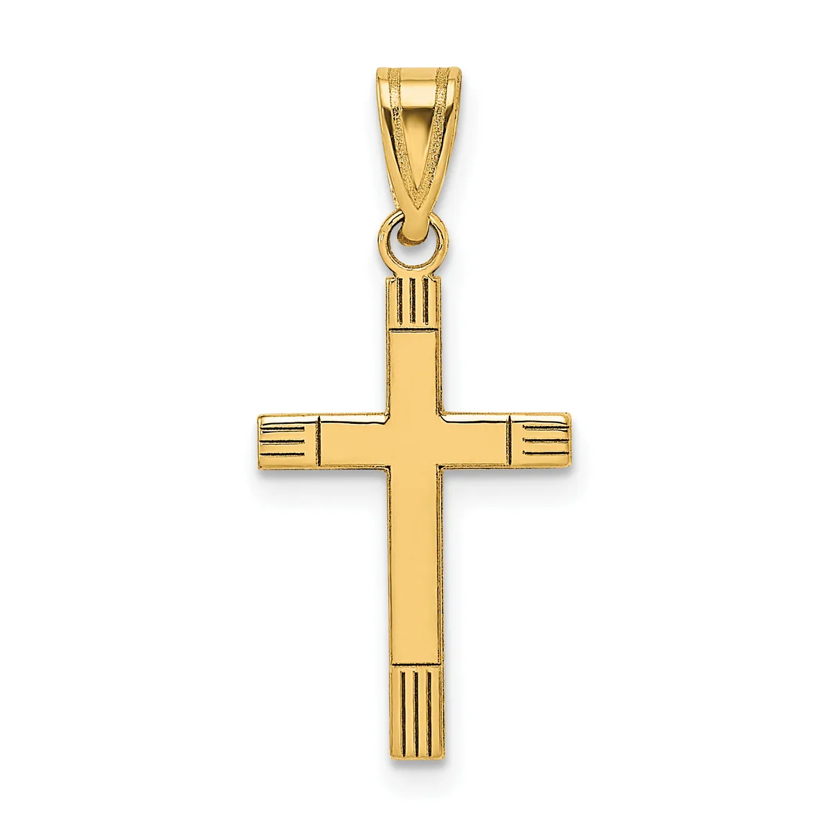 A polished gold cross pendant with textured edges and a small loop at the top for hanging.