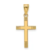 A polished gold cross pendant with textured edges and a small loop at the top for hanging.