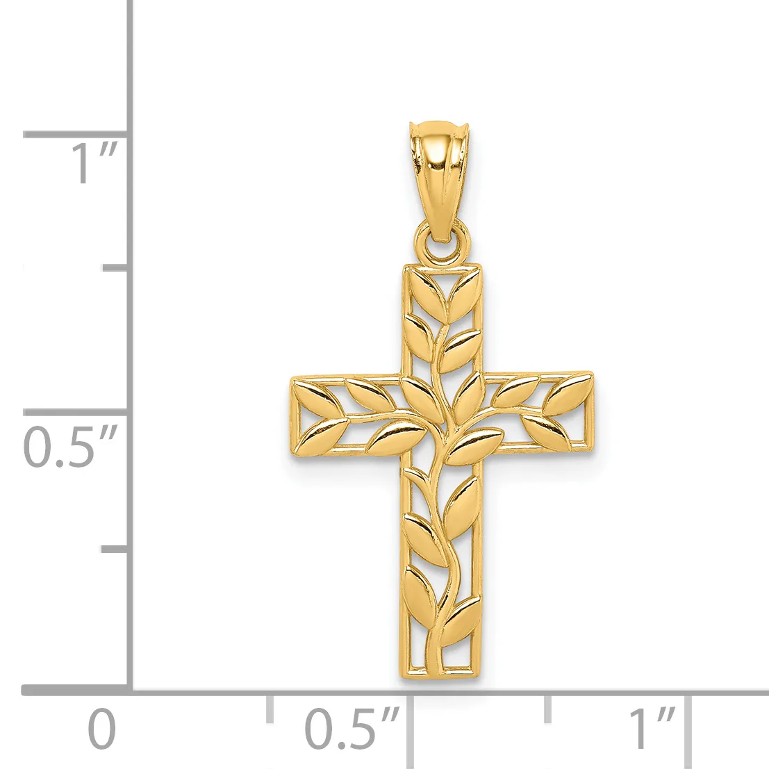 A gold cross pendant with a leaf pattern cutout design, shown next to a measurement scale indicating its size is approximately one inch tall and half an inch wide.