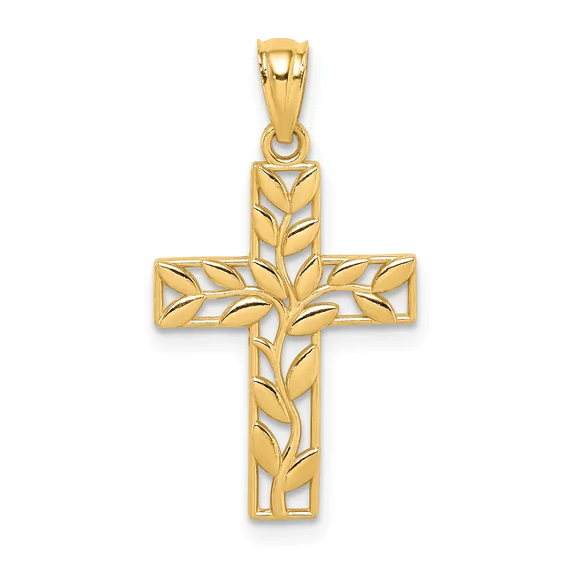 A gold cross pendant with leaf and vine motifs cut through the surface, shown hanging from a bail against a white background.