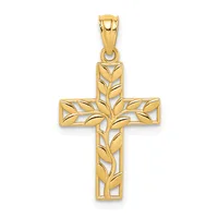 A gold cross pendant with leaf and vine motifs cut through the surface, shown hanging from a bail against a white background.