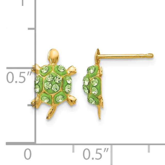 Gold-toned turtle stud earrings with green crystal embellishments shown next to a ruler indicating approximately 0.5 inches in length.