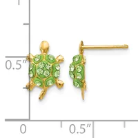 Gold-toned turtle stud earrings with green crystal embellishments shown next to a ruler indicating approximately 0.5 inches in length.