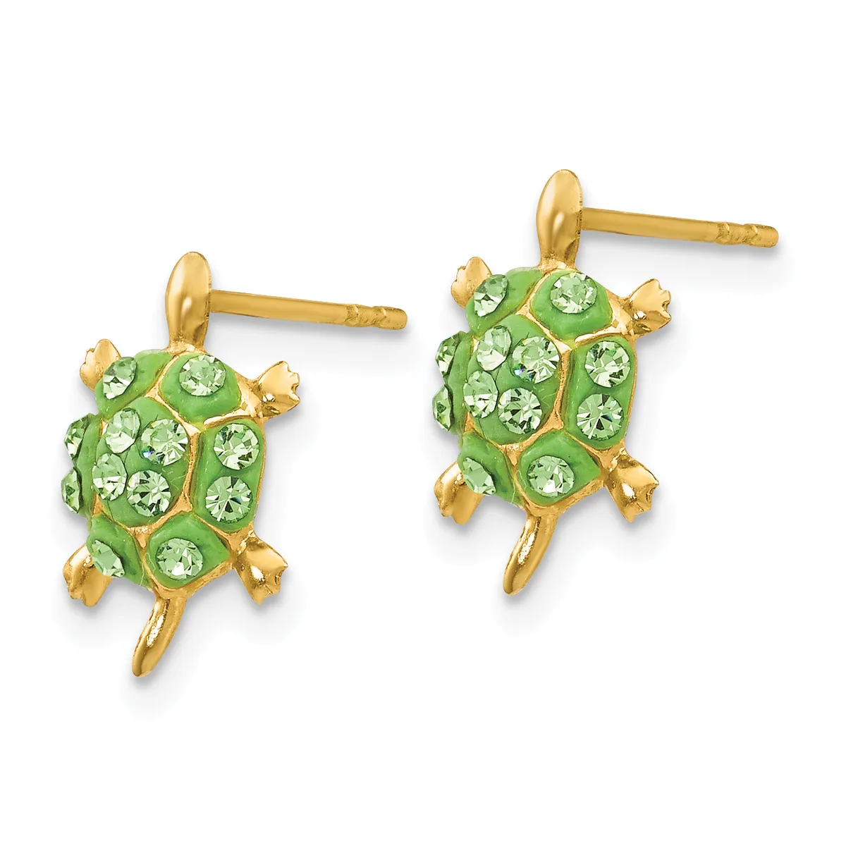 Pair of gold turtle stud earrings with green enamel shells decorated with green crystals and gold-plated legs and heads.