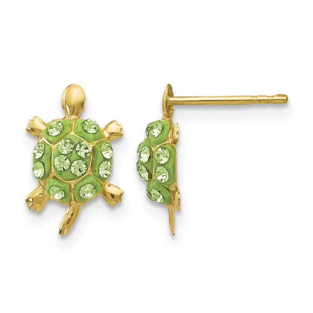 Gold turtle stud earrings with green enamel shells decorated with green crystal rhinestones, shown from front and side views.