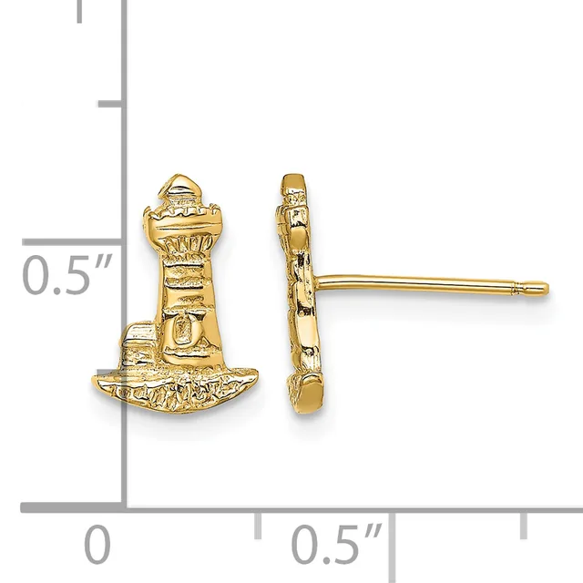 Gold lighthouse stud earrings shown front and side view next to a measurement scale indicating approximately 0.5 inches in height.