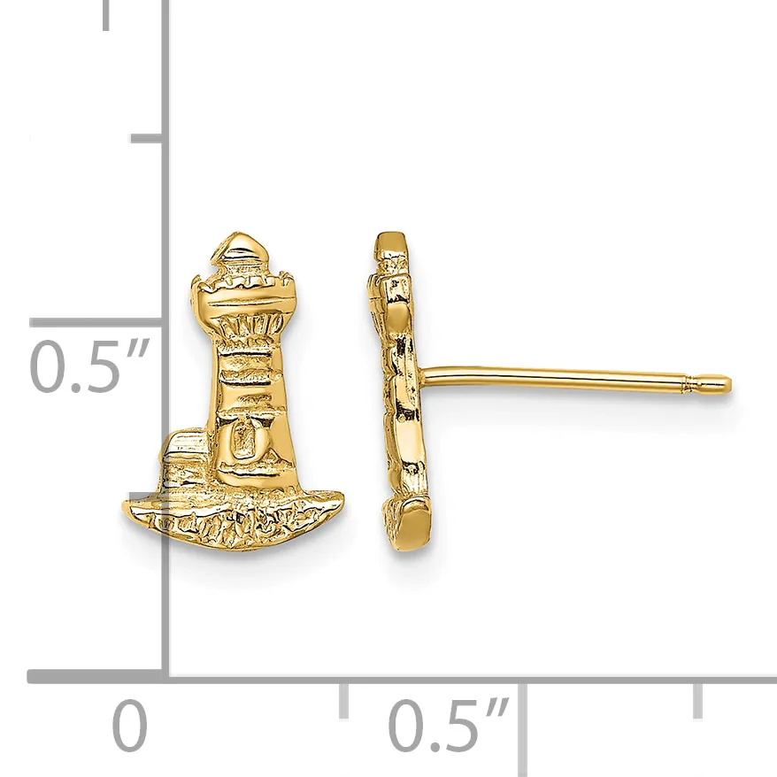Gold lighthouse stud earrings shown front and side view next to a measurement scale indicating approximately 0.5 inches in height.