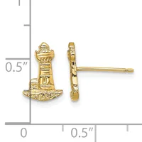 Gold lighthouse stud earrings shown front and side view next to a measurement scale indicating approximately 0.5 inches in height.