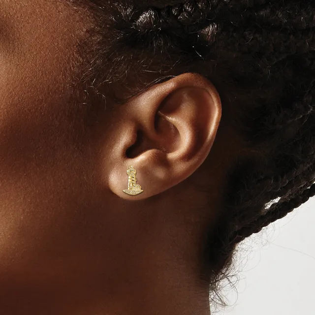 A small gold triangular earring with decorative detailing worn on the earlobe of a person with medium brown skin tone and dark hair.