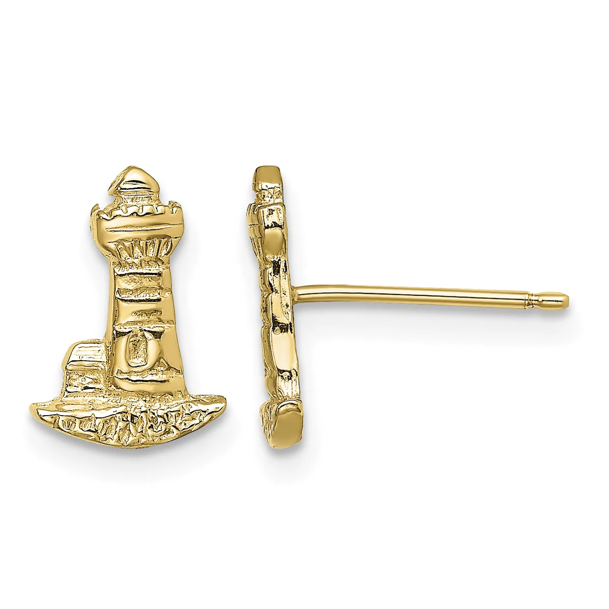 Gold lighthouse stud earrings shown from front and side views, featuring detailed texturing and a post-and-clutch backing.