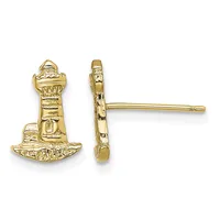 Gold lighthouse stud earrings shown from front and side views, featuring detailed texturing and a post-and-clutch backing.
