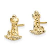 Pair of gold lighthouse-shaped stud earrings with textured detail and post backs, shown from front view.