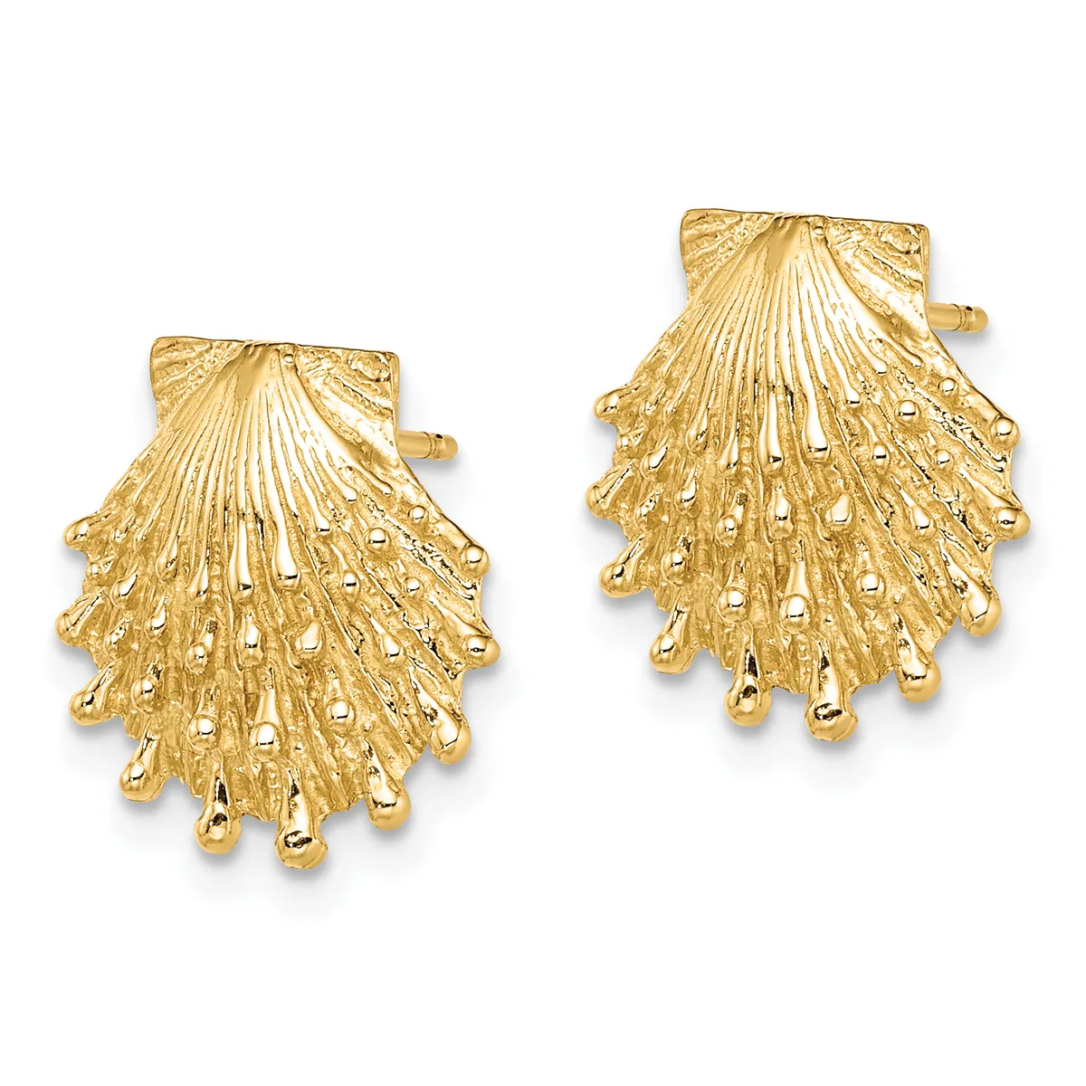 Pair of gold shell-shaped earrings with radiating ridges and dangling bead details, shown from the front on a white background.