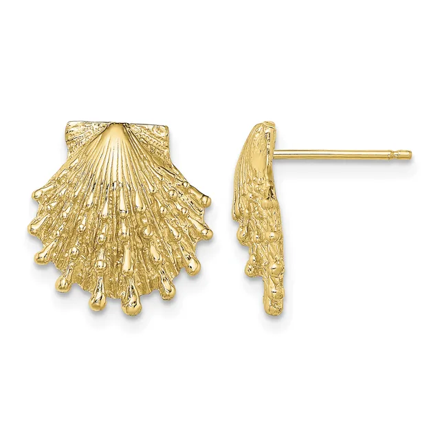 Pair of gold seashell-shaped stud earrings shown from front and side views, featuring detailed radiating line texture and small spherical details along the edges.