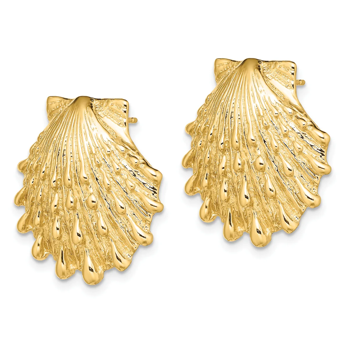 A pair of gold shell-shaped stud earrings with detailed ridged texture and small drilled holes throughout, shown from the front.