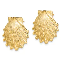 A pair of gold shell-shaped stud earrings with detailed ridged texture and small drilled holes throughout, shown from the front.