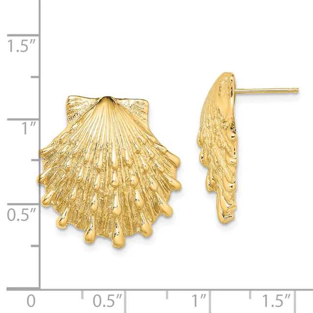 Gold seashell stud earrings displayed next to a ruler showing they measure approximately one inch in width and height.