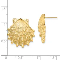 Gold seashell stud earrings displayed next to a ruler showing they measure approximately one inch in width and height.