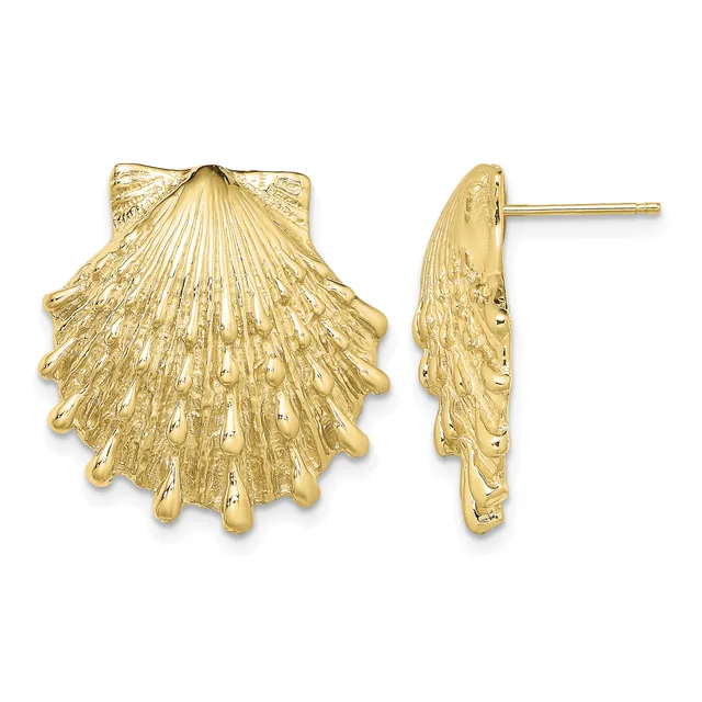 Pair of gold seashell-shaped stud earrings shown from front and side views, featuring detailed radiating ridges and a polished finish.
