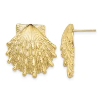 Pair of gold seashell-shaped stud earrings shown from front and side views, featuring detailed radiating ridges and a polished finish.