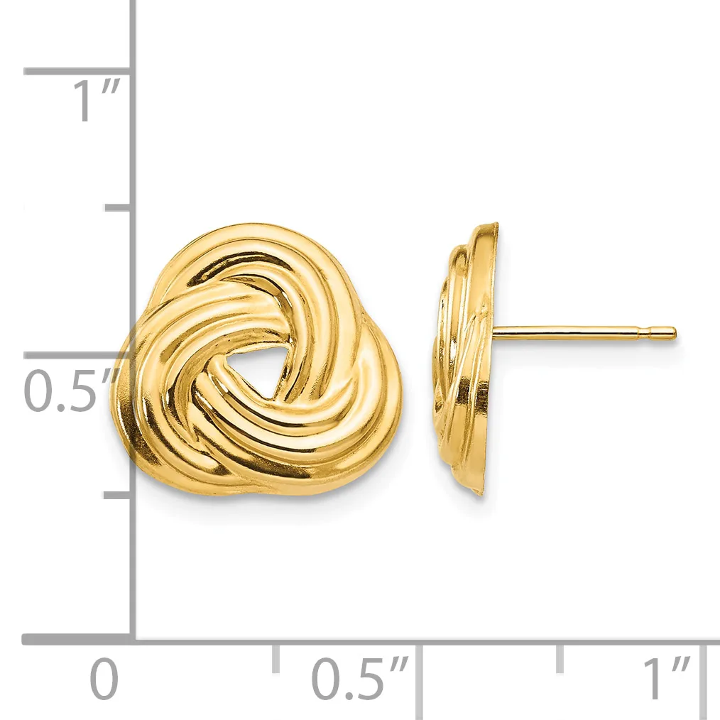 Gold-colored twisted knot stud earrings displayed next to a measurement ruler showing approximately half-inch diameter.