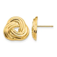 A pair of polished gold twisted knot stud earrings shown from front and side views against a white background.