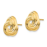 Pair of gold twisted oval stud earrings with post backs, displayed against a white background.