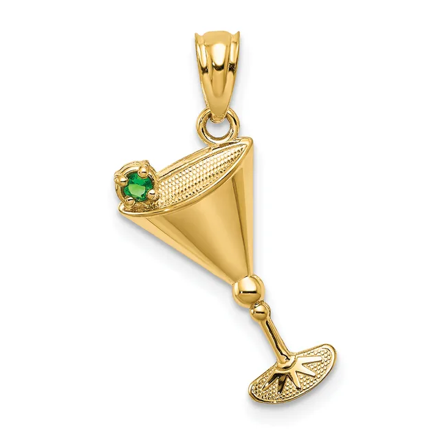 Gold cocktail glass pendant with green gemstone accent and textured stem, shown against a white background.