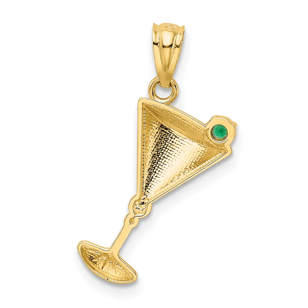 Gold cocktail glass pendant with textured triangular bowl, small green gemstone accent, and stem with oval foot, suspended from a bail loop.