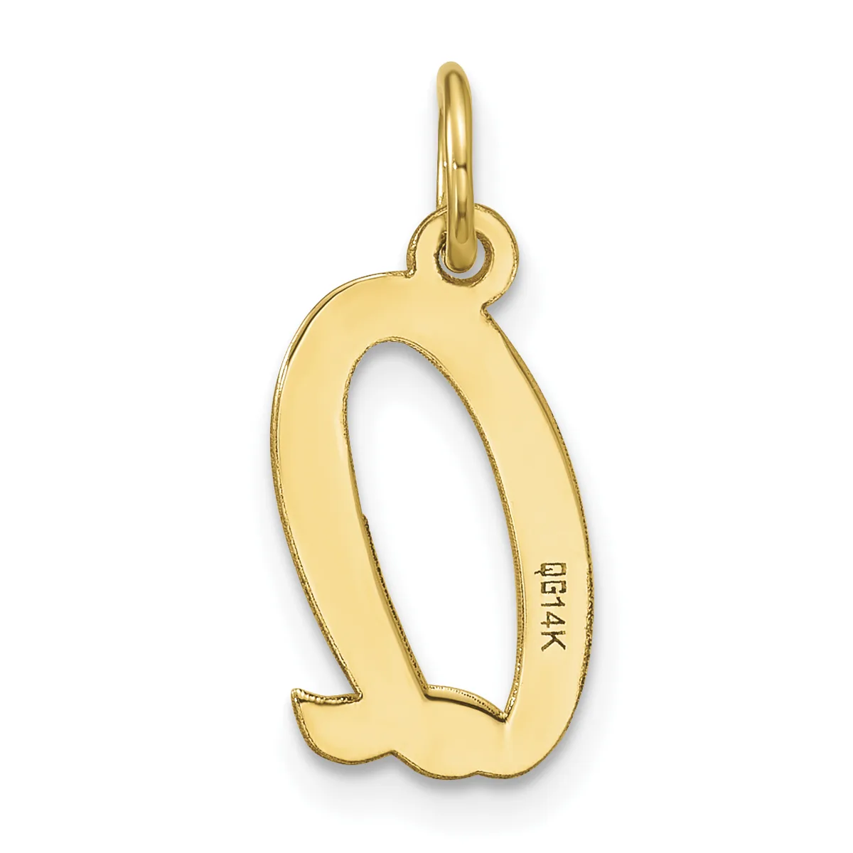 A gold-colored pendant shaped like the letter D with a loop at the top for hanging, featuring a small stamped hallmark on the surface.