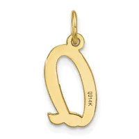 A gold-colored pendant shaped like the letter D with a loop at the top for hanging, featuring a small stamped hallmark on the surface.