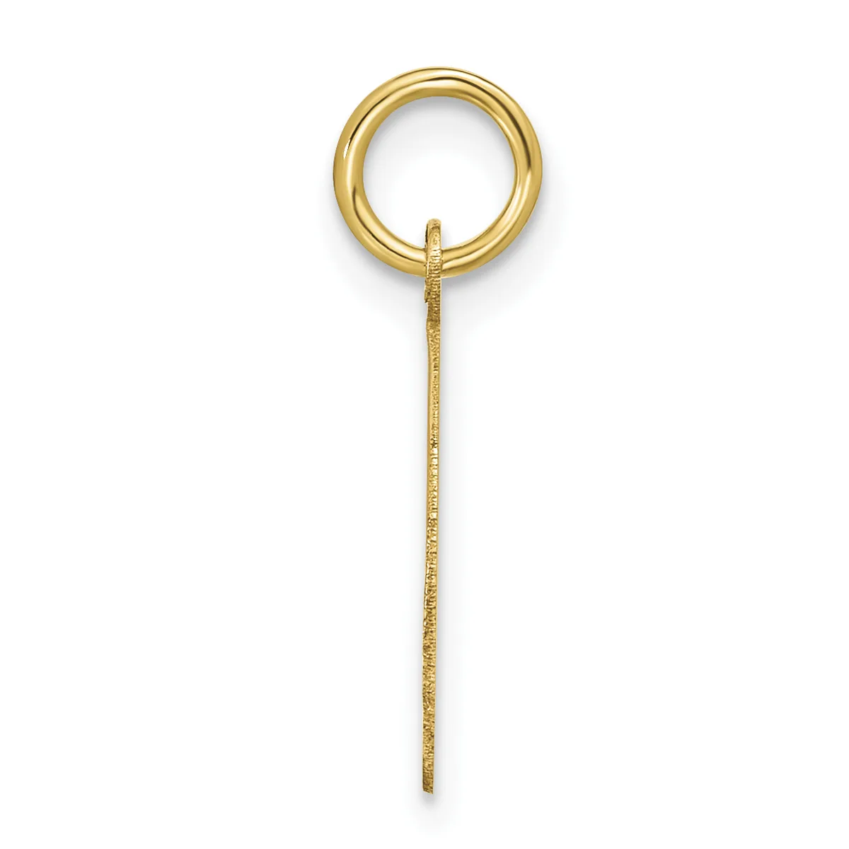 A gold pendant consisting of a circular ring at the top attached to a long, thin textured stem, displayed vertically against a white background.
