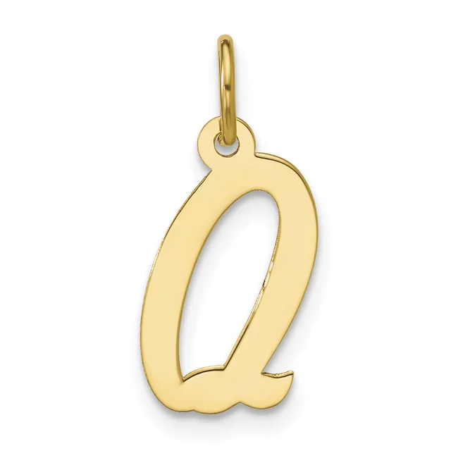 Gold-colored letter Q pendant with a loop at the top for hanging on a chain or cord.