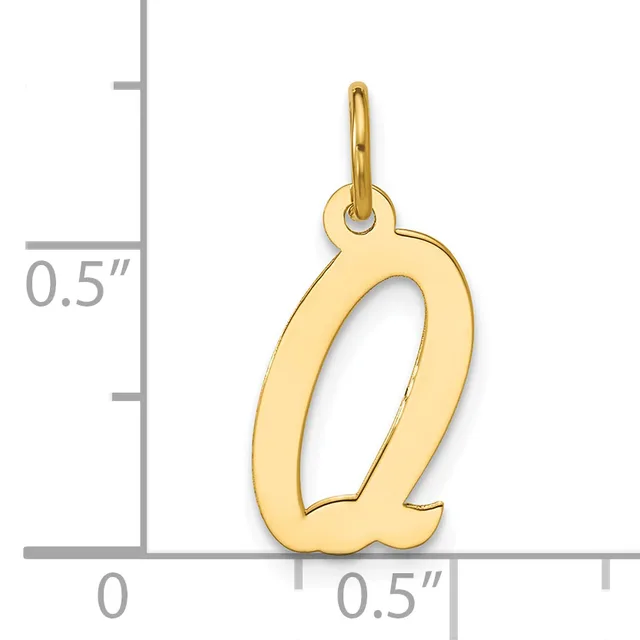 Gold-toned letter Q charm with a loop attachment, shown next to a ruler indicating approximately half an inch in height.